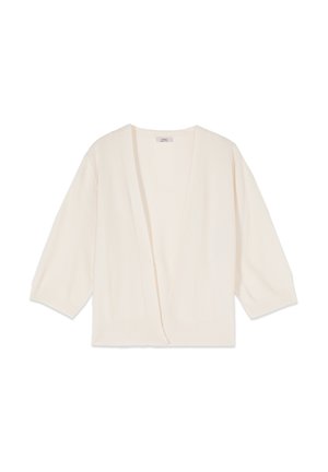 Krémově barevný otevřený cardigan s tříčtvrtečními rukávy a žebrovanými manžetami a lemem, zobrazený na bílém pozadí.