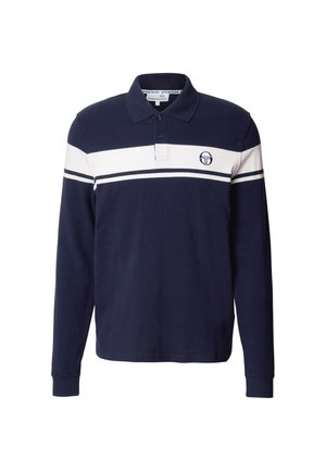 Polo a maniche lunghe blu navy con una striscia orizzontale bianca e logo sul petto a sinistra. Presenta un colletto classico e una patta con bottoni.