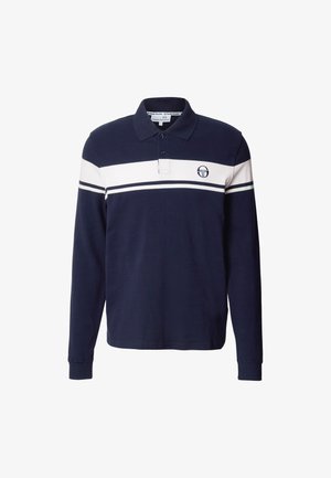 Polo a maniche lunghe blu navy con una striscia orizzontale bianca e logo sul petto a sinistra. Presenta un colletto classico e una patta con bottoni.