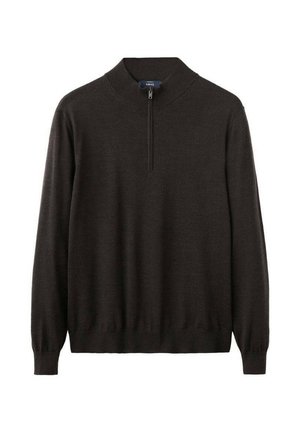 Maglione a maniche lunghe marrone scuro con collo alto e chiusura a mezza zip. Realizzato in tessuto morbido, presenta polsini e orlo a coste. Design semplice.