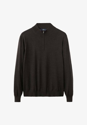 Tmavohnedý pulóver s dlhými rukávmi, vysokým golierom a polovičným zipsom. Vyrobený z mäkkej látky, s rebrovanými manžetami a lemom. Jednoduchý dizajn.