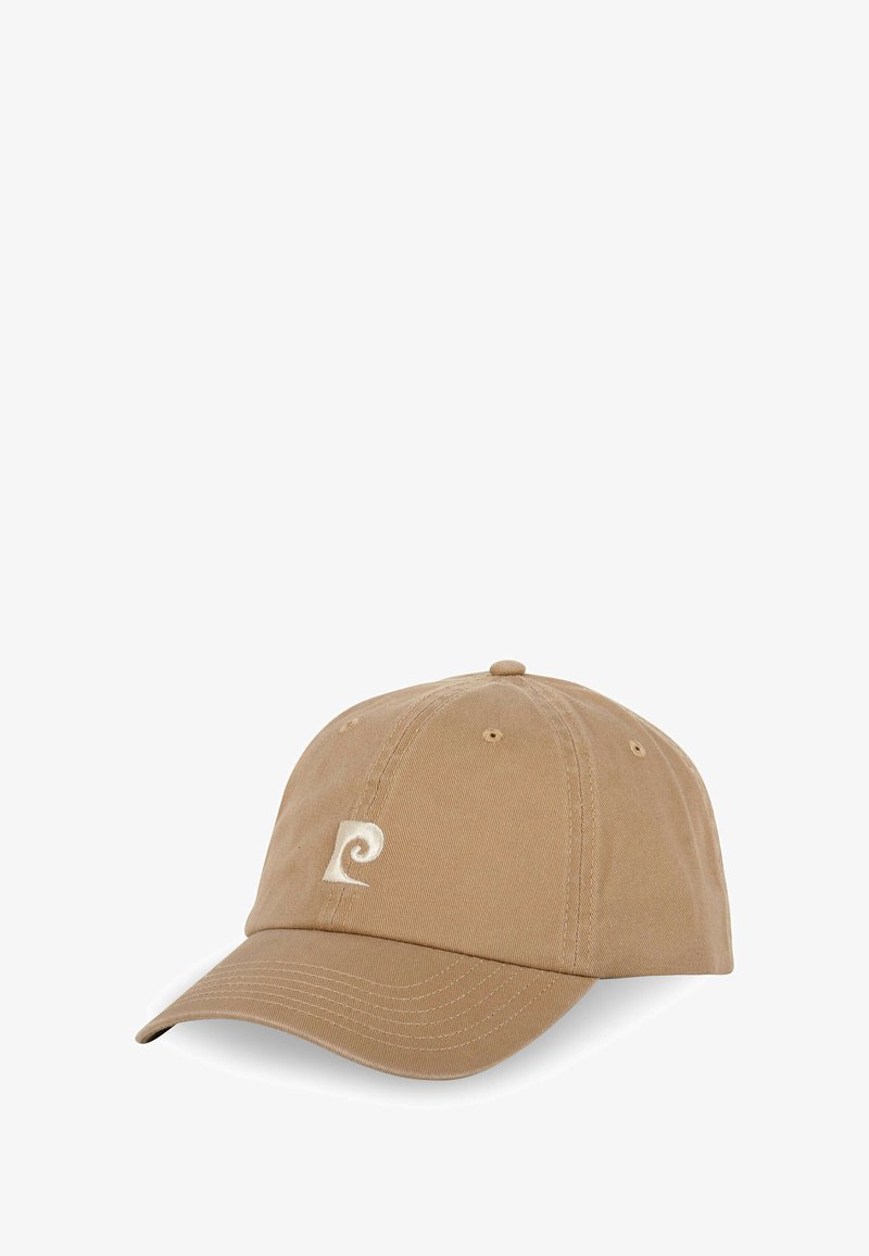 Casquette de baseball kaki en coton, avec une visière incurvée, une sangle ajustable et un logo en spirale blanc à l'avant.