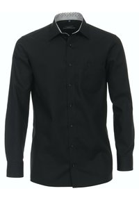 Schwarz langärmliges Hemd mit Button-Down-Kragen, einer einzelnen Brusttasche und dekorativ gemustertem inneren Kragen. Verfügt über schwarze Knöpfe und eine glatte Textur.