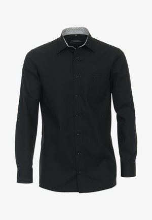 Schwarz langärmliges Hemd mit Button-Down-Kragen, einer einzelnen Brusttasche und dekorativ gemustertem inneren Kragen. Verfügt über schwarze Knöpfe und eine glatte Textur.