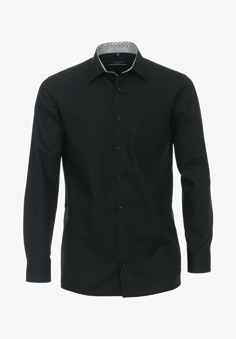 Schwarz langärmliges Hemd mit Button-Down-Kragen, einer einzelnen Brusttasche und dekorativ gemustertem inneren Kragen. Verfügt über schwarze Knöpfe und eine glatte Textur.