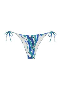 Bikini inferior de estampado azul y verde con lazos a cada lado, hecho de una tela suave. El diseño presenta formas abstractas sobre un fondo blanco.