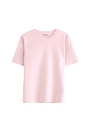 Lyserød kortærmet T-shirt lavet af blødt stof, med en rund halsudskæring og en glat tekstur, uden synlige mønstre eller accenter.