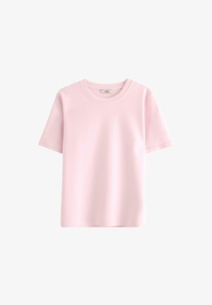 Lichtroze t-shirt met korte mouwen, gemaakt van zachte stof, met een ronde hals en een gladde textuur, zonder zichtbare patronen of accenten.