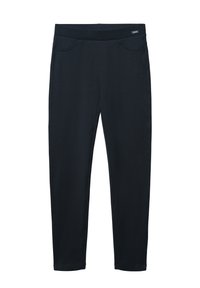 Pantaloni neri attillati con finitura liscia, cintura elastica e due tasche frontali. Design semplice e taglio dritto.