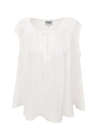 Weißes, leichtes Bluse aus strukturiertem Stoff. Mit rundem Halsausschnitt, kurzen Ärmeln und einer Schleife vorne. Einfaches Design ohne Muster.