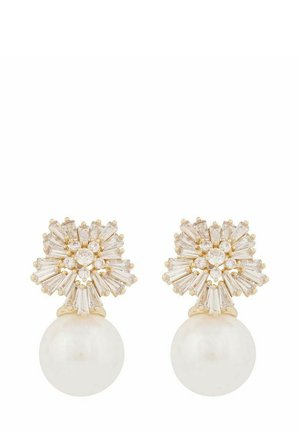 Gold-tone earrings featuring a starburst design with clear and baguette-cut stones, topped with a large round white pearl.