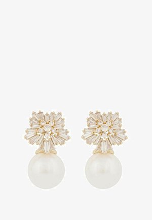 Gold-tone earrings featuring a starburst design with clear and baguette-cut stones, topped with a large round white pearl.