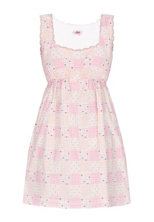 Ærmeløs lyserød og hvidternet kjole med lille sløjfe og blomsterprint, blondekant på stropper og udskæring, med rynket talje.