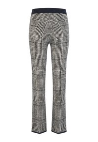 Black and white plaid trousers with a wide elastic waistband. The design features a textured woven pattern and straight-leg cut.