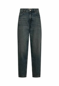 Hoge taille donkerdenim jeans met een rechte pijp, voorzien van vijf zakken en subtiele vervaging. Inclusief metalen knoopsluiting en riemlussen.