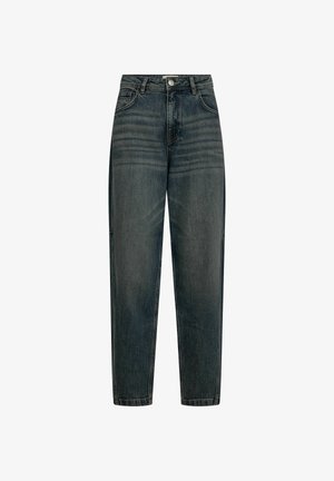 Hoch taillierte dunkle Denim-Jeans mit gerader Beinform, fünf Taschen und subtiler Ausbleichung. Metallknopfverschluss und Gürtelschlaufen sind ebenfalls vorhanden.