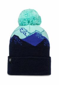 Gorro de punto en azul marino con un patrón de montañas en tonos de verde azulado y púrpura. Presenta un pompón esponjoso en la parte superior en color verde azulado.