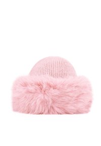 Cappello a maglia rosa con un orlo in pelliccia rosa fluffy. Il design presenta una parte superiore rotonda e una morbida texture, adatto per il freddo.