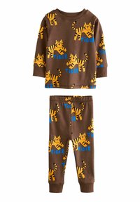 Ensemble de pyjama en coton brun comprenant des manches longues et un pantalon, orné de motifs ludiques de tigres orange et du texte bleu "TIGER".