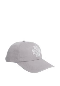 Gorra de béisbol de algodón gris con visera curvada y diseño de sol bordado en la parte delantera. Correa ajustable en la parte trasera para adaptar el tamaño.