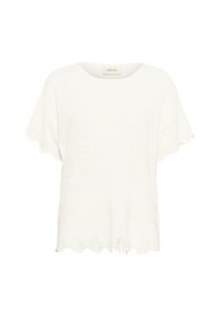 Top bianco in maglia con maniche corte, scollatura rotonda e orlo ondulato, caratterizzato da un motivo a righe testurizzato. Etichetta del marchio visibile.
