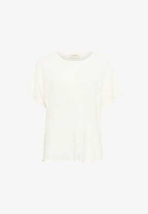 Bijela pletena majica s kratkim rukavima, okruglim izrezom i zaobljenim rubom s teksturiranim prugastim uzorkom. Vidljiva oznaka brenda.