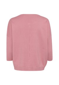 Light pink knitted sweater with three-quarter sleeves, wide neckline, and ribbed hem. Smooth texture with subtle vertical stitching detail.