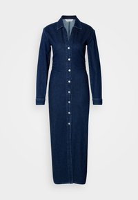 Τζιν φόρεμα με μακριά μανίκια, γιακά και κλείσιμο με κουμπιά μπροστά. Σκούρο μπλε ύφασμα με εφαρμοστό μέση και ίσια maxi μήκος.