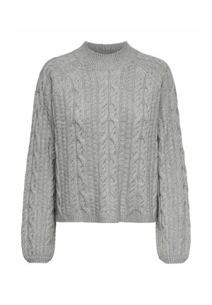 Grau melierter Grobstrickpullover mit rundem Halsausschnitt und langen Ärmeln. Verfügt über ein strukturiertes Muster und eine cropped Passform. Weicher, gestrickter Stoff.
