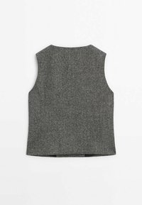 Harmaa ilmanhihoinen villaliivi, jossa on pyöreä kaula-aukko, selkeät linjat ja sileä rakenne hienovaraisella kuviolla, nähtynä takaa.