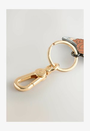 Porte-clés en métal doré avec un anneau rond et un crochet de fixation, comportant un charm en forme de fleur colorée.