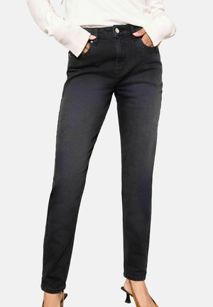 Black denim jeans with a fitted silhouette, five-pocket design, and a single button closure at the waistband. Smooth texture and no visible patterns.