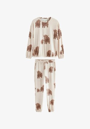 Beige pajama set with elastic cuffs and waistband, featuring a repeated brown elephant pattern. Made from soft, lightweight fabric.