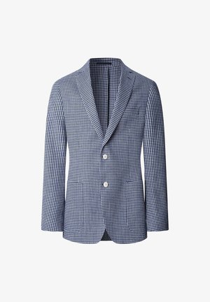 Blazer a quadre blu navy e bianco realizzato in tessuto testurizzato, con rever a punta, due bottoni e due tasche frontali.