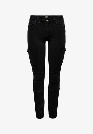 Pantalons cargo en denim noir avec une coupe slim, dotés de poches latérales, d'une fermeture à bouton et de poignets élastiques aux chevilles.