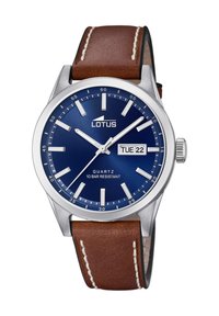 Reloj de cuarzo Lotus con esfera azul, caja de acero inoxidable plateado, correa de cuero marrón y indicador de fecha con la función "MAR 22".