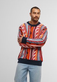 Mann mit kurzen Haaren und Ohrringen, der einen mehrfarbigen gemusterten Pullover und hellblaue Jeans trägt, mit verschränkten Armen vor einem einfarbigen Hintergrund.