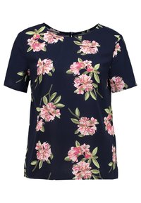 Navy blouse with short sleeves featuring a floral pattern of pink flowers and green leaves. Lightweight fabric with a round neckline and back closure.