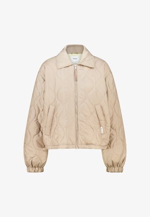 Beige gesteppte Jacke mit Reißverschluss, weitem Kragen, elastischen Bündchen und Seitentaschen. Verfügt über eine sanft strukturierte Oberfläche und eine kastige Passform.