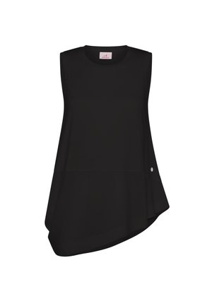 Zwart mouwloos topje met een ronde halslijn, asymmetrische zoom en een accentknop aan de zijkant. Gemaakt van glad, lichtgewicht stof.