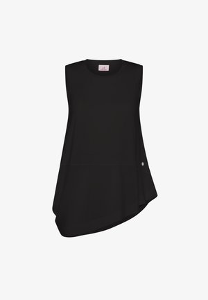 Haut noir sans manches avec un col arrondi, un ourlet asymétrique et un bouton accent sur le côté. Confectionné dans un tissu lisse et léger.