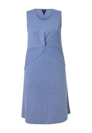 Blauwe mouwloze jurk van zachte stof, met een gedraaide knoopdetail in de taille en een uitlopende zoom voor een relaxte pasvorm.