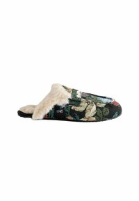 Slippers met een bloemmotief, een gestructureerde zwarte stofbasis, een pluche crèmekleurige nepbontkraag en een platte zool.