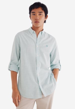 Lichtgroen en wit gestreept overhemd met lange mouwen, met een button-down kraag, opgerolde mouwen en een klein geborduurd logo op de borst.