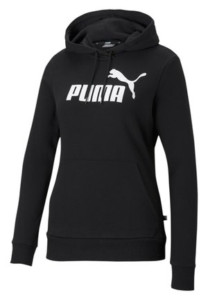 Hoodie noir en matériau doux, avec une poche avant, une capuche avec cordon de serrage et un logo Puma blanc sur la poitrine avec une icône en contour.