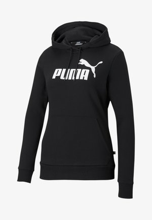 Felpa nera con cappuccio realizzata in materiale morbido, dotata di una tasca frontale, cappuccio con cordino e logo Puma bianco sul petto con icona contornata.