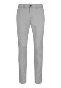 Ljusgrå slim-fit byxor i en mjuk tygkvalitet, med knappstängning fram, standardfickor och en skräddarsydd bendesign.