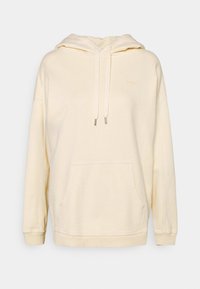 Felpa crema realizzata in morbido tessuto, con cappuccio regolabile, tasca frontale e polsini a coste. Logo discreto vicino al collo.