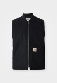 Schwarze ärmellose Weste aus strapazierfähigem Material, mit einem Reißverschluss vorne, zwei Taschen und einem Logopatch an der unteren rechten Tasche.