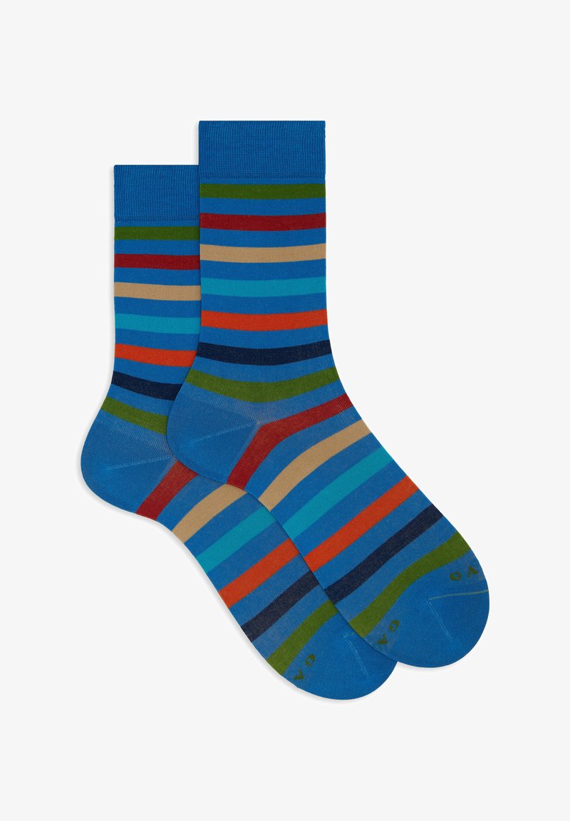 Calze di cotone a righe con linee orizzontali blu, verdi, rosse e beige, con polsini a costine e punte rinforzate.
